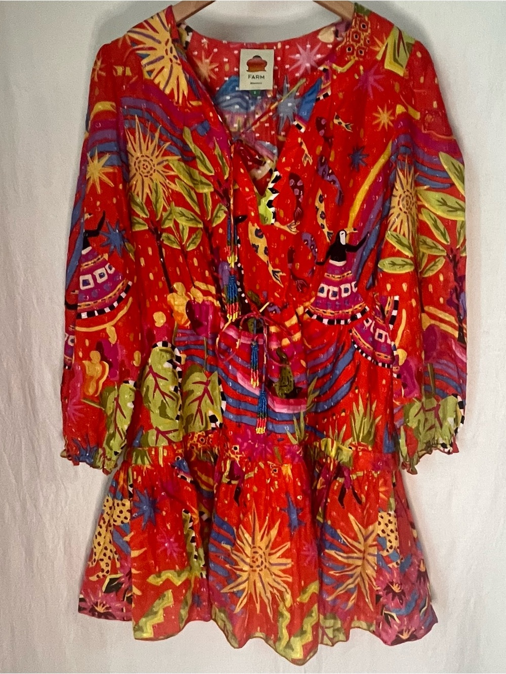 Farm Rio Red Magic Forest Tiered Long Sleeve Cotton Mini Beaded Dress Size Small